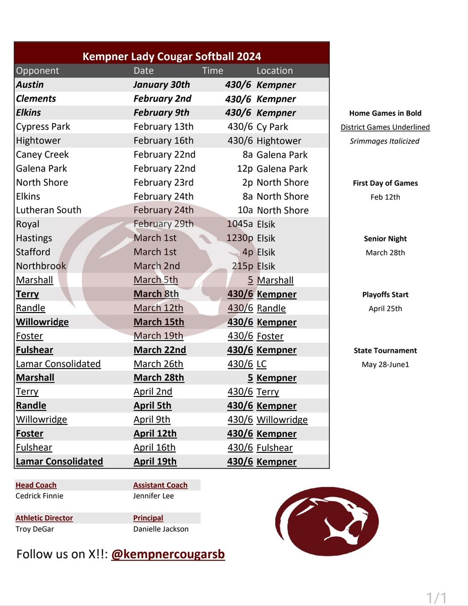 🐾Softball Season is officially here!!
Here's our 2024 season schedule. 
#AsOne #TwoFeetIn #ItTakesWhatItTakes
Games with 2 times are JV/V, Games with 1 time are varsity only