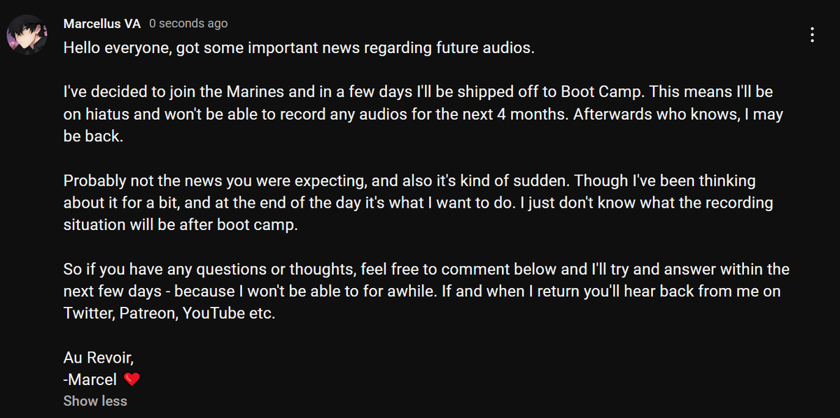 MarcellusAudio's tweet photo. IMPORTANT!!!: Won't be able to upload audios for awhile (going on hiatus). Too long to write on Twitter I'll attach an image, or you can read the whole thing on Patreon/YouTube. https://t.co/PXyNt597n4