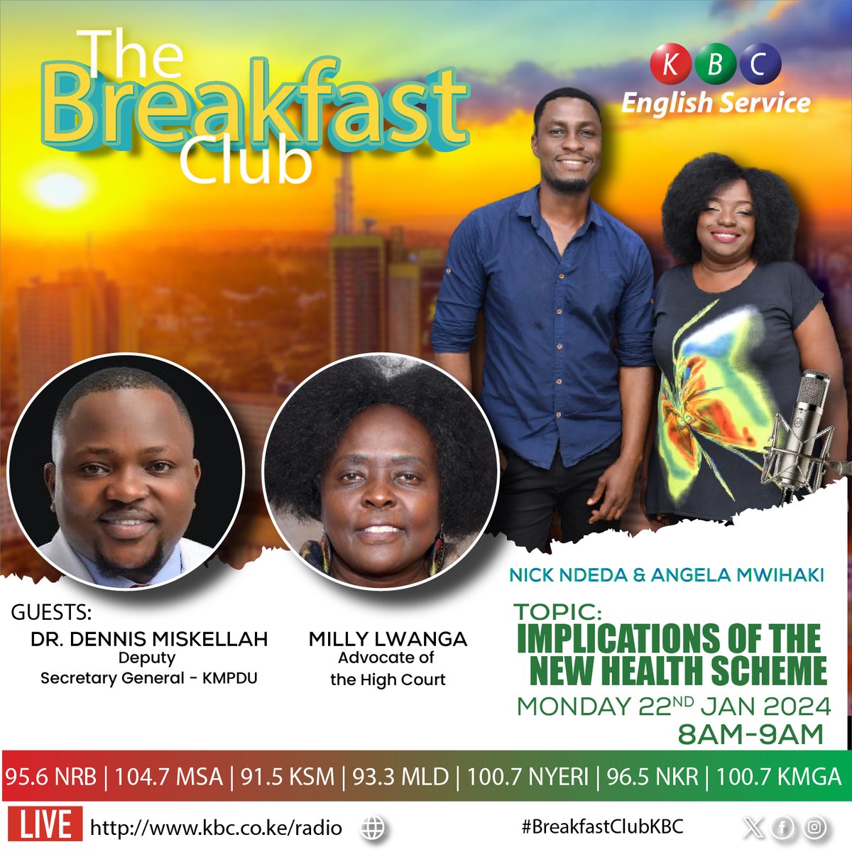 We start the week on the Breakfast Club from 0500HRS to 1000HRS with Nick Ndeda & Angela Mwihaki GOOD MORNING! Listen live: kbc.co.ke/radio/ ^PMN #BreakfastClubKBC @nick_ndeda | @angelamwihaki