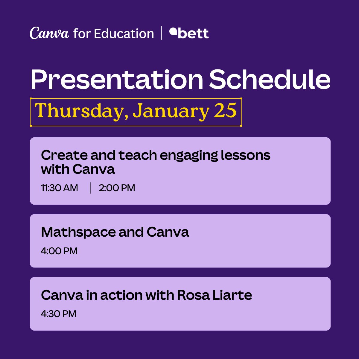 Ready for day 2 at #BETT2024! Here’s a look at the learning sessions we’ll be running at the Canva stand today.