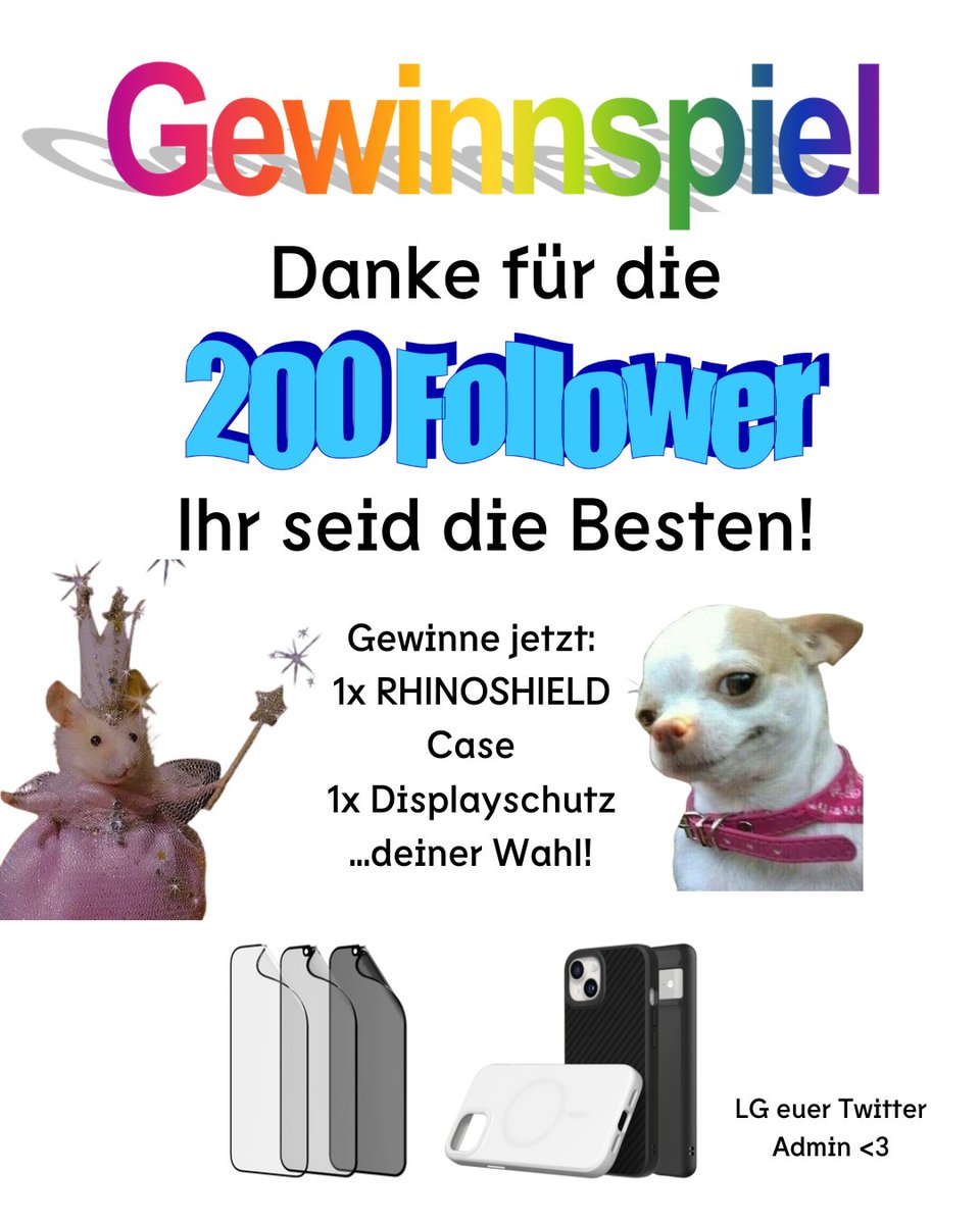 RHINOSHIELD_DE's tweet photo. ES IST SOWEIT! 
Wir haben die 200 Follower geknackt und deswegen gibt es - wie versprochen - ein Giveaway!😍

Was du tun musst?
Einfach diesen Tweet retweeten und uns folgen! Schon hast du die Chance auf ein Case und einen Displayschutz deiner Wahl <3

Wir wünschen viel Glück! https://t.co/w1pqZEcY4X