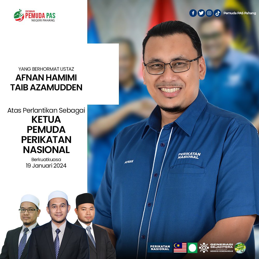 pas_pahang's tweet photo. Tahniah diucapkan kepada YB Ustaz Afnan Hamimi, atas pelantikan sebagai Ketua Pemuda Perikatan Nasional yang baru bagi menggantikan YB Ustaz Fadhli Shaari. 

Semoga YB Ustaz Afnan dapat terus melangkah dengan gagah menerajui kepimpinan pemuda PN.

Siiru Ala Barakatillah. https://t.co/4dnQ4Pk0Sh