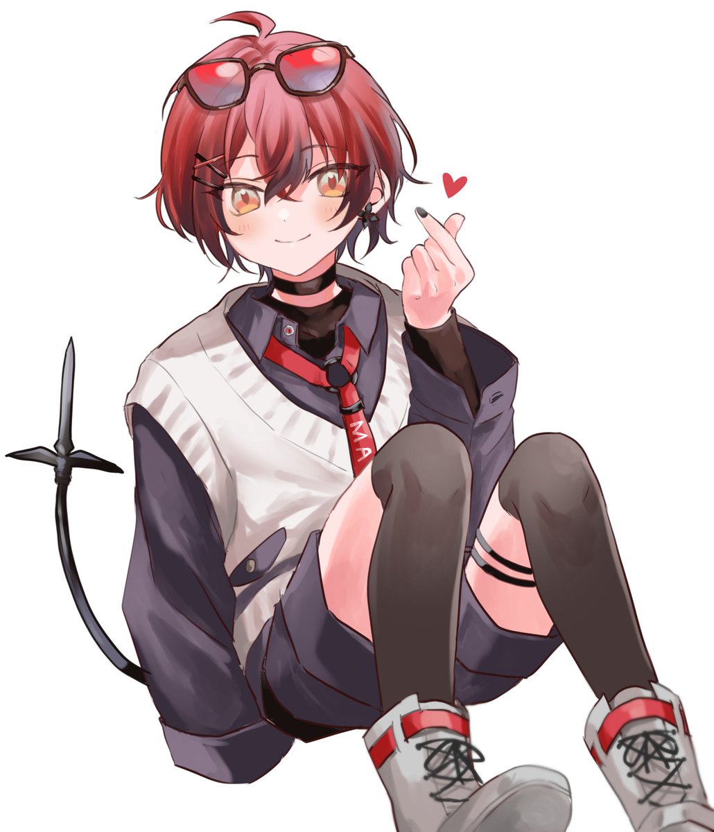 red hair solo tail heart black nails male focus thighhighs  illustration images