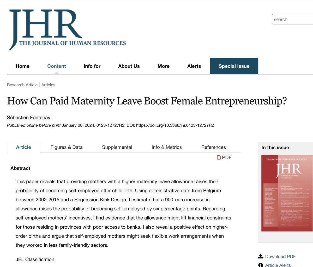 Paid maternity leave boosts female entrepreneurship jhr.uwpress.org/content/early/…