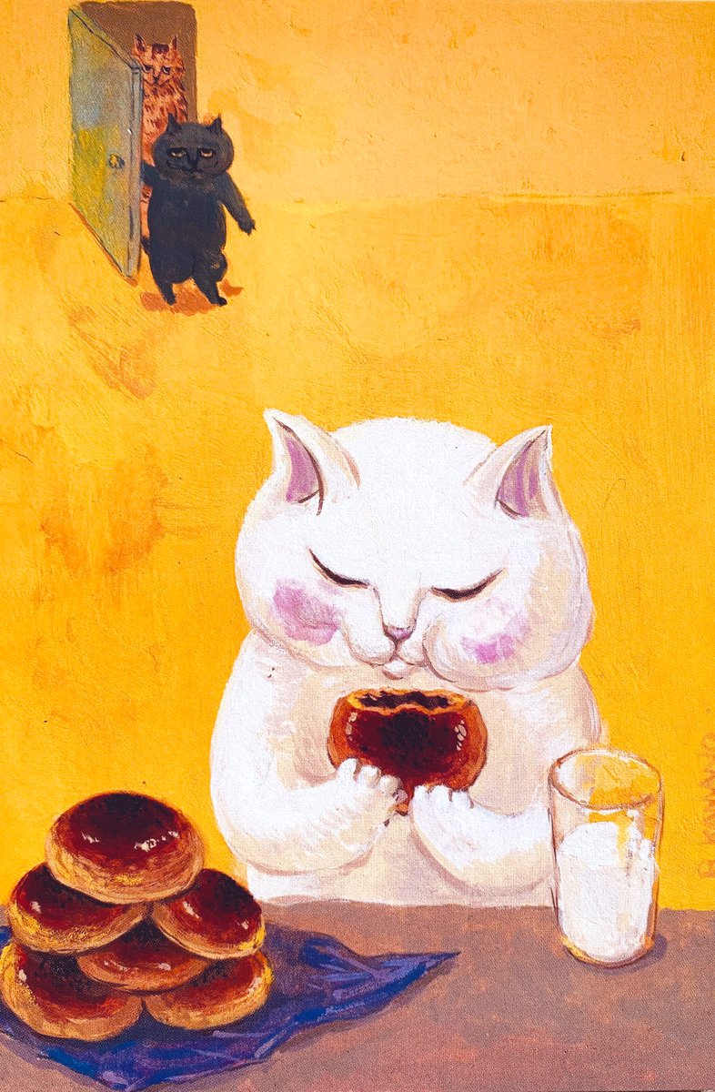 food no humans cat eating closed eyes traditional media door  illustration images