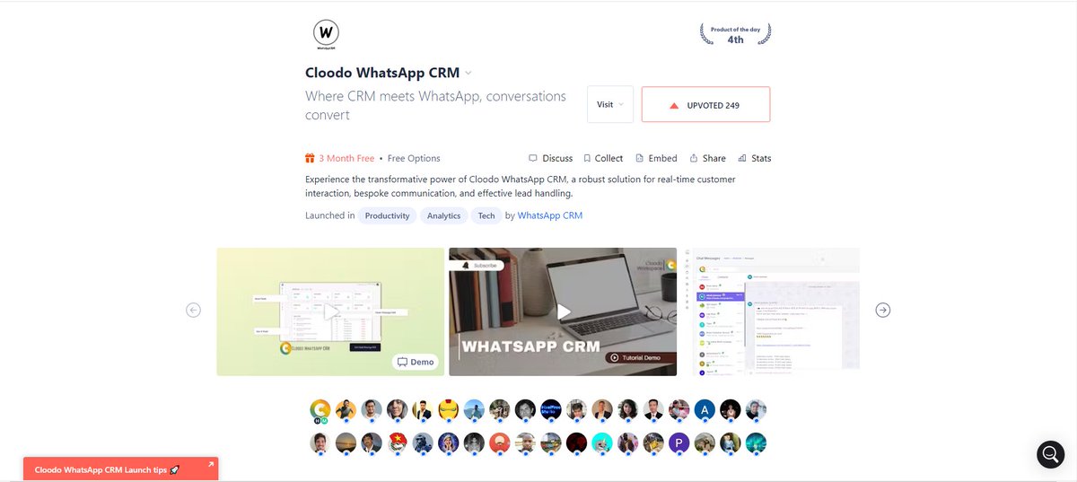 CloodoWorkSpace's tweet photo. Exciting news from the Cloodo Team! Our WhatsApp CRM has clinched the 4th spot on @ProductHunt's Product of the Day! 🚀 A huge milestone since our inception. 🌟 #Cloodo #WhatsAppCRM #WhatsAppMarketing 

https://t.co/30667HvTla https://t.co/T85jC7JDBh