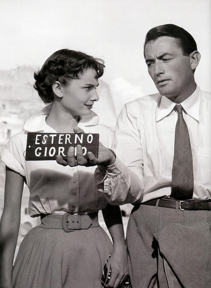 gregory peck and audrey hepburn on the set of 'roman holiday' (1953), image size:882x1200