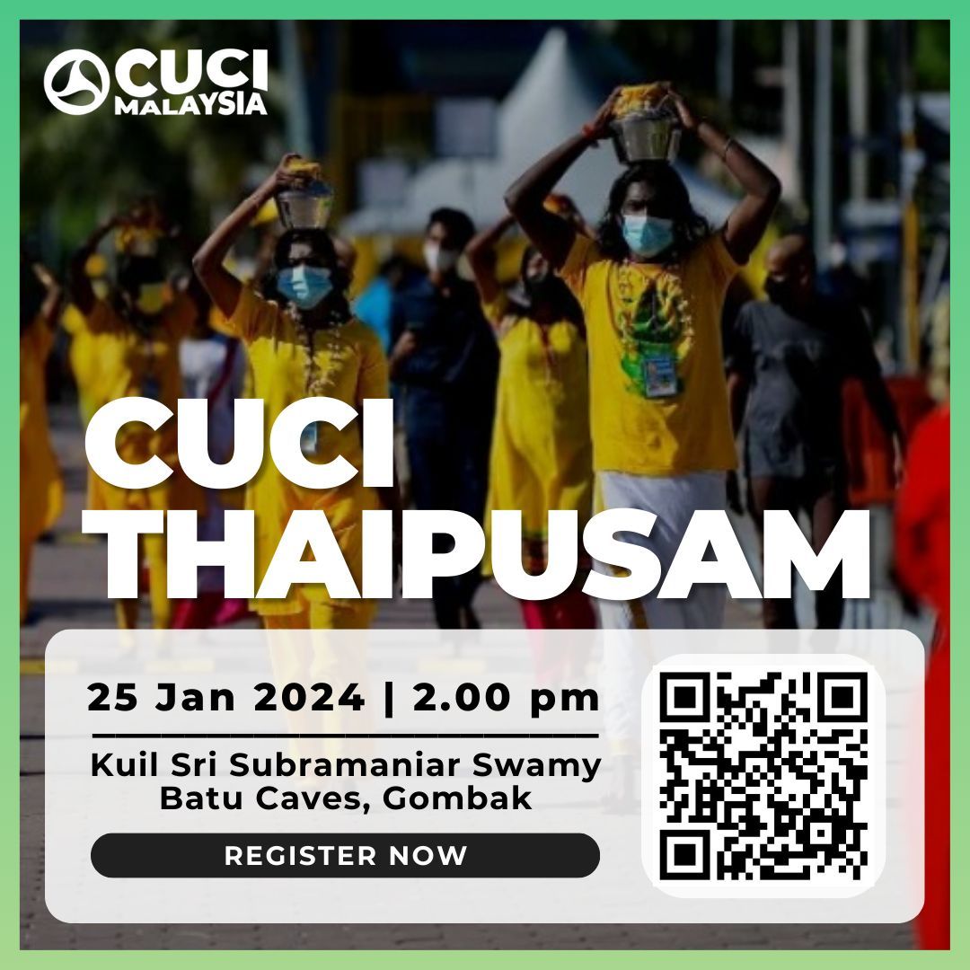 Scan and register now!

Embrace the spirit of Thaipusam! 🚮 Join Cuci Malaysia and youth associations from around Selangor in preserving the sanctity of Batu Caves.🌏 Let's keep Thaipusam at Batu Caves clean together. 

#CuciThaipusam #CuciMalaysia #discoverselangor #Selangor