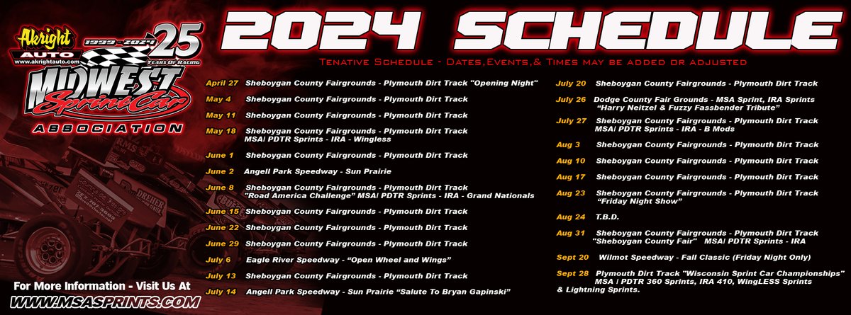 Here is the schedule for the 2024 MSA Sprint...
The schedule as well as a printable version of the schedule is also available on the website at:
 msasprints.com