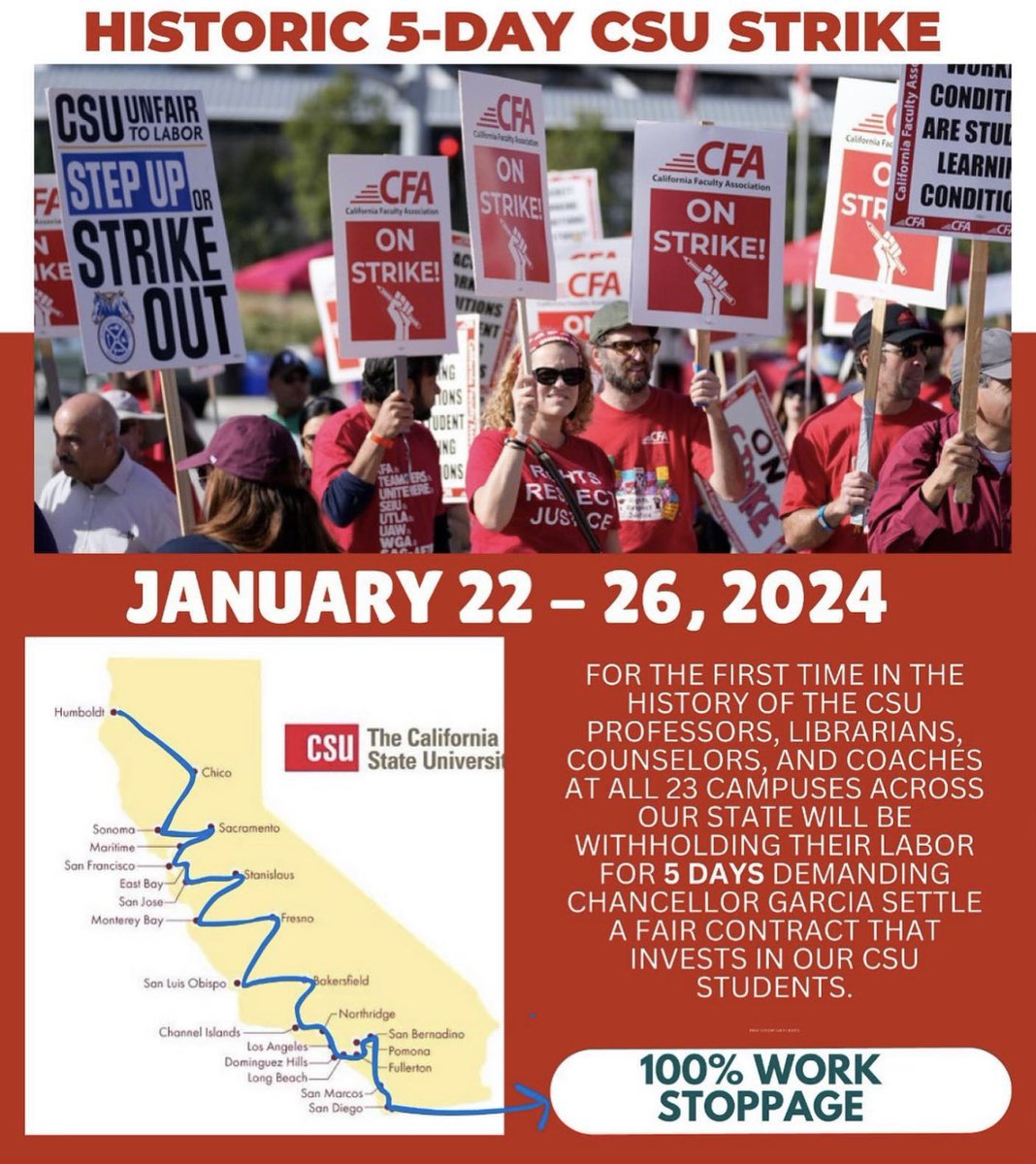 Tomorrow is the day! ALL 23 campuses for 5 days! I’ll be on the line at @ChicoState until @calstate decides to give us a fair contract the respects our knowledge, work ethic, & passion for educating our students! #RespectUsPayUs #StrikeReady #WeAreTheCSU #FacultyRising