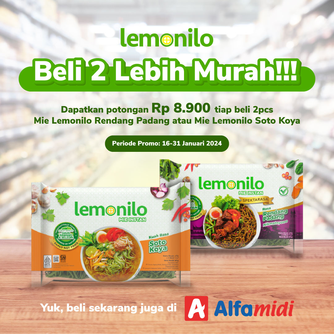 Sekarang LEBIH HEMAATTTT! Beli 2 Mie Lemonilo di @alfamidi_ku langsung dapet potongan Rp8,900 🥳 Cusss diborong sekarang jugaaa! 🛒🛒🛒