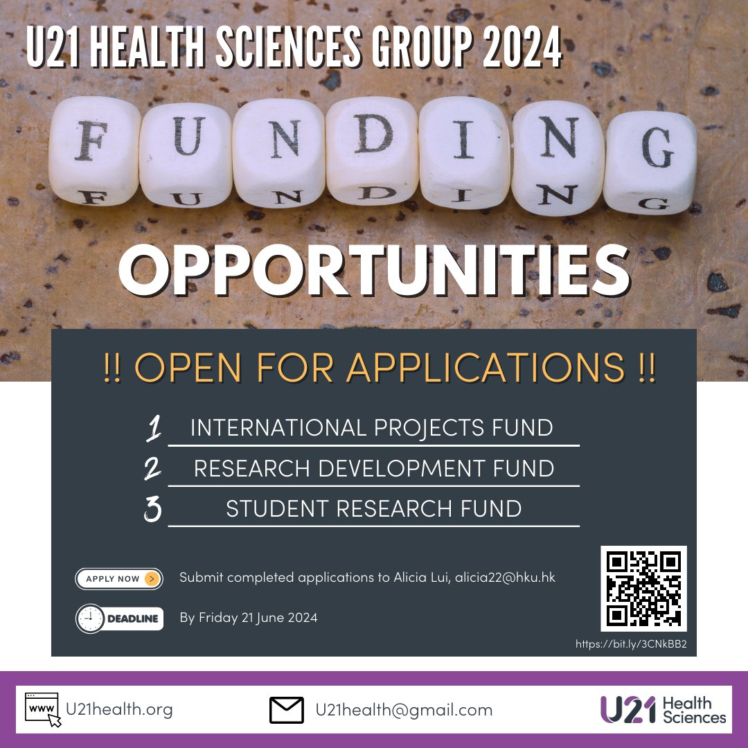 Exciting news! Applications are open for the 2024 U21 Health Sciences Group Funding Opportunities! Go to u21health.org/funding-opport… for more details or scan the QR code. Deadline: 21 June 2024 #U21health #U21healthsciencesgroup #U21HealthSciences #FundingOpportunities