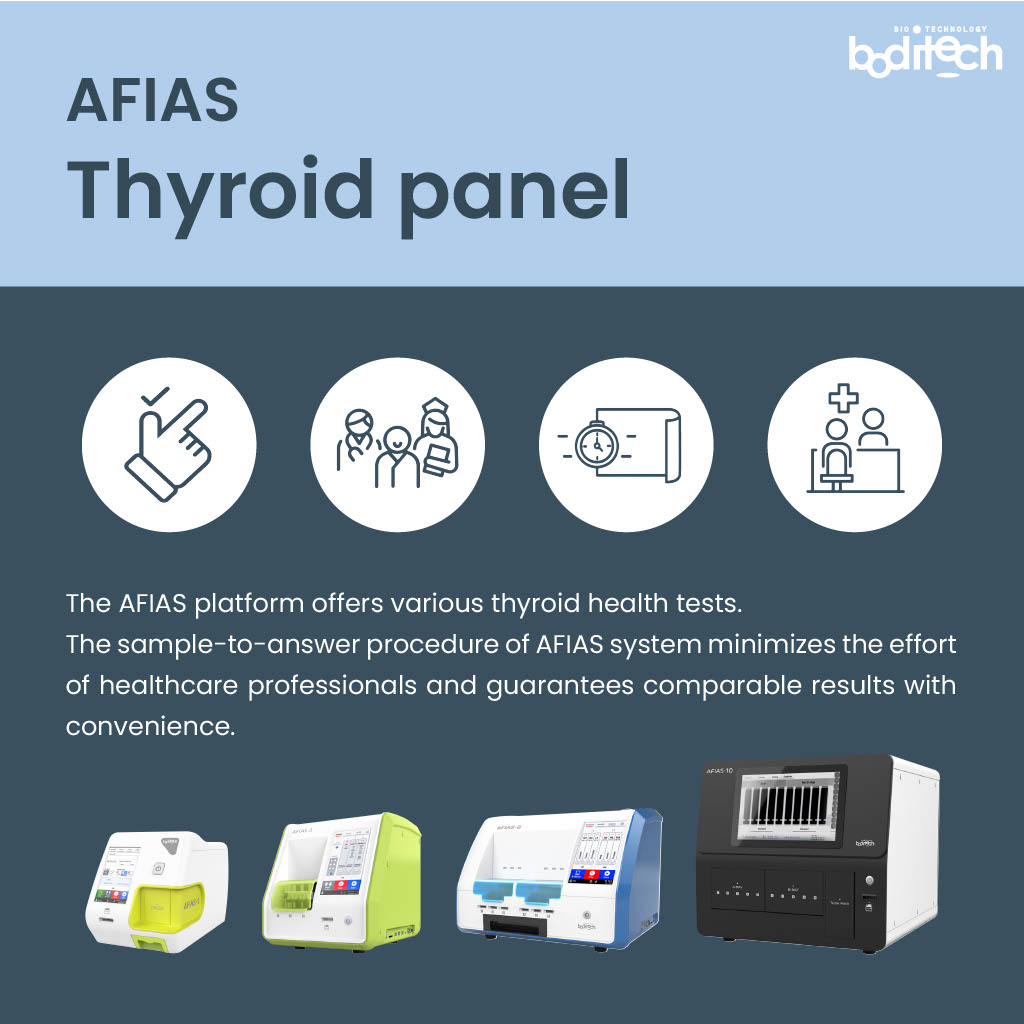 boditech's tweet photo. We are providing #AFIAS Thyroid panel which can be conducted in AFIAS diagnostic platform.
AFIAS analyzers would be the best solution tailored to the laboratory environment with various types of analyzers, AFIAS-1, 3, 6, and 10.
#BoditechMed #Thyroid #TSH #T3 #T4 #IVD #laboratory https://t.co/9snONVZqgF