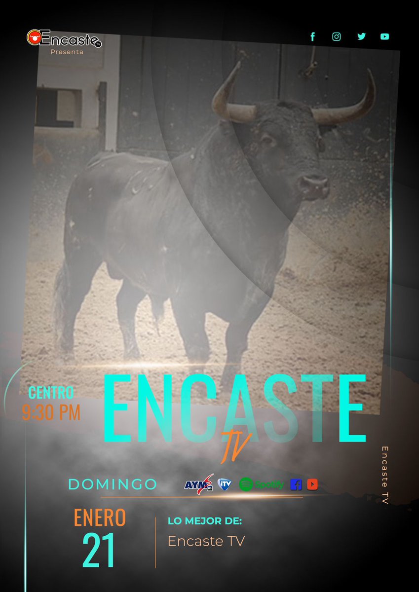 #EncasteTv 🐂🎙️

🗓️ Hoy 9 pm.
➡️ Lo mejor de Encaste Tv.
📺 @AYMSports
📲 Facebook Live, Youtube.