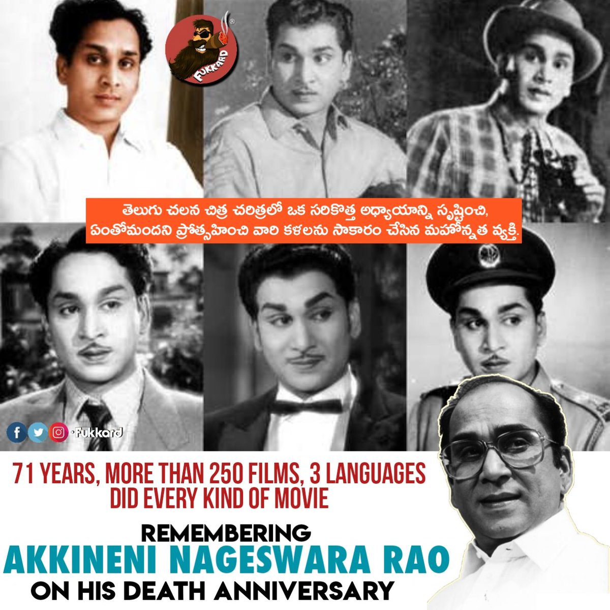 Remembering The Recipient of 
Padma Shri
Padma Bhushan 
Padma Vibhushan 
Dada Saheb Phalke Award 
Raghupathi Venkaiah Award
NTR National Award 
Seven Nandi Awards
Five Filmfare South Awards

Natasamrat Dr. #ANR  #AkkineniNageswaraRao Garu 🙏