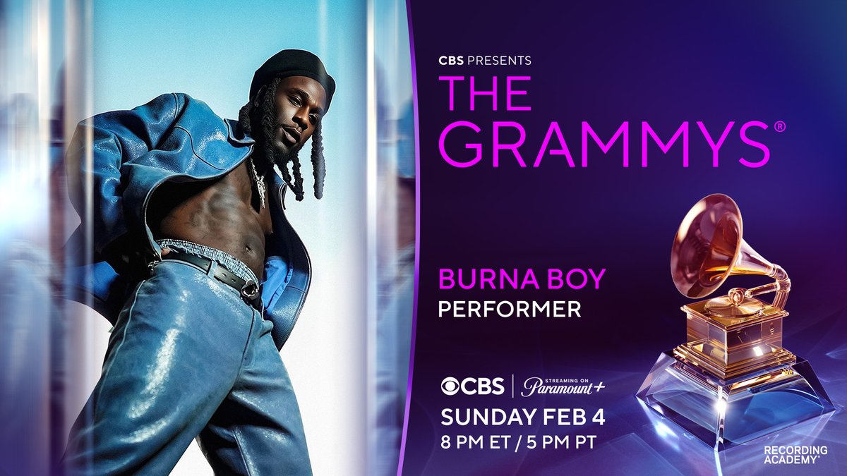 🚨 Attention: African Giant @BurnaBoy will take the #GRAMMYs stage on Sunday, February 4th at 8 PM ET / 5 PM PT on @CBS. ↪️ See who else is performing: grm.my/428Qq2z