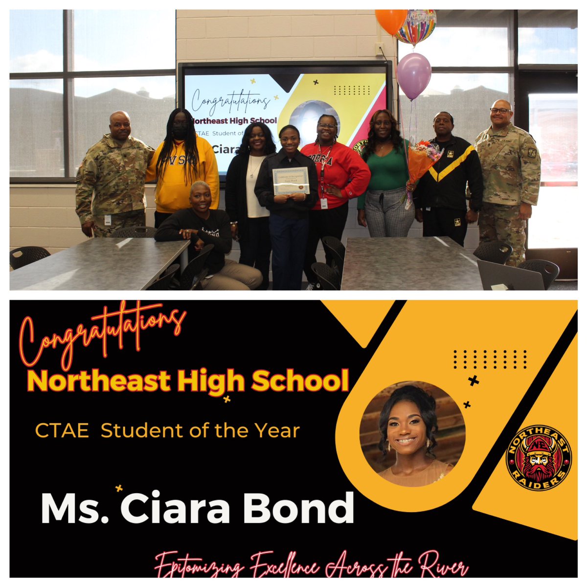 🌟 @NEHSRaiders celebrate Ciara Bond as our 2024 CTAE Student of the Year! 🏆 With unmatched poise and drive, Ciara represents the BEST of NEHS. Let's cheer her on as she competes for Bibb County School District CTAE Student of the Year. Go, Ciara! 🎉#NEHSPRIDE @BibbSchools