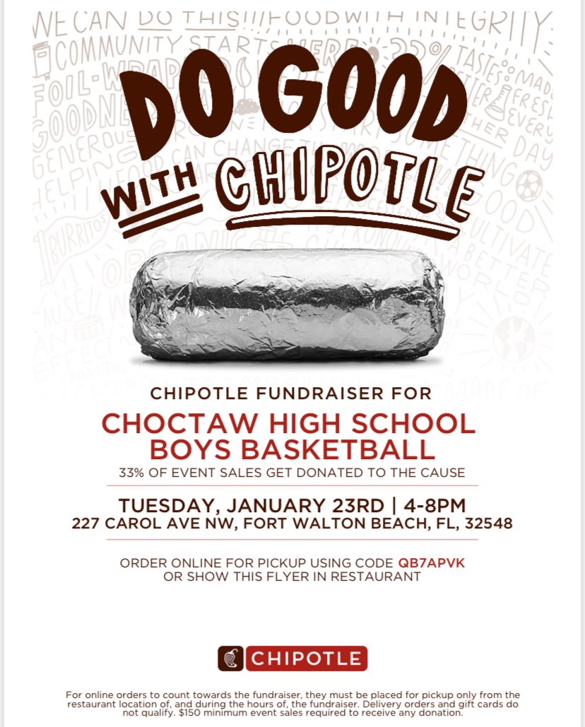 ChoctawHoopsFWB's tweet image. Come out to @ChipotleTweets and support your Tribe.  Escambia at home that night 6/715!