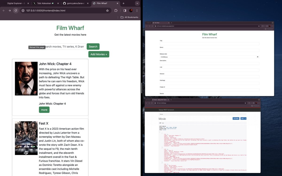 Vikchukwuemeka's tweet image. 🚀 Excited to share my latest project! 🎬 I developed an open-source Rest API using Django Rest Framework, simplifying access to free movies.  #OpenSource #DjangoRestFramework #MovieAPI #TechInnovation #WebScraping #PythonCoding