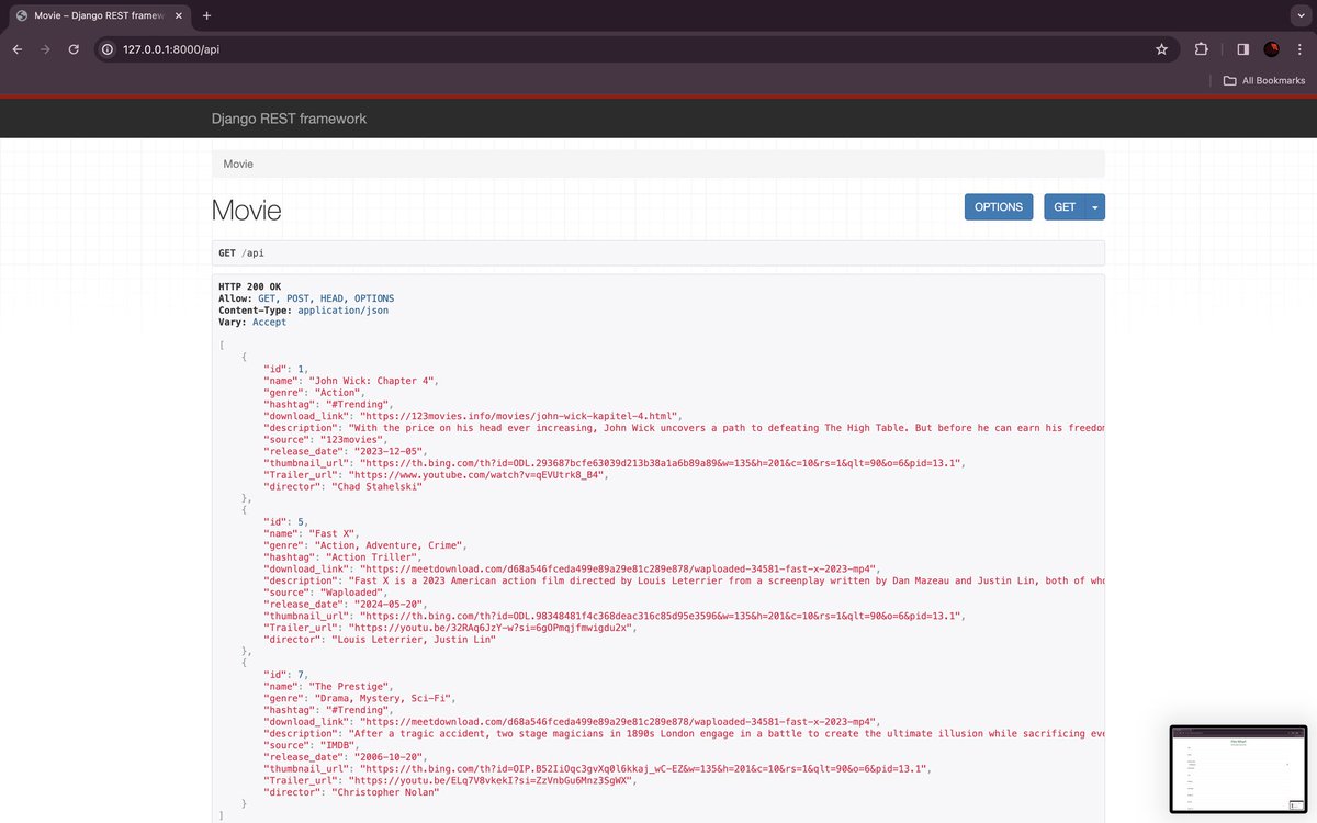 Vikchukwuemeka's tweet image. 🚀 Excited to share my latest project! 🎬 I developed an open-source Rest API using Django Rest Framework, simplifying access to free movies.  #OpenSource #DjangoRestFramework #MovieAPI #TechInnovation #WebScraping #PythonCoding