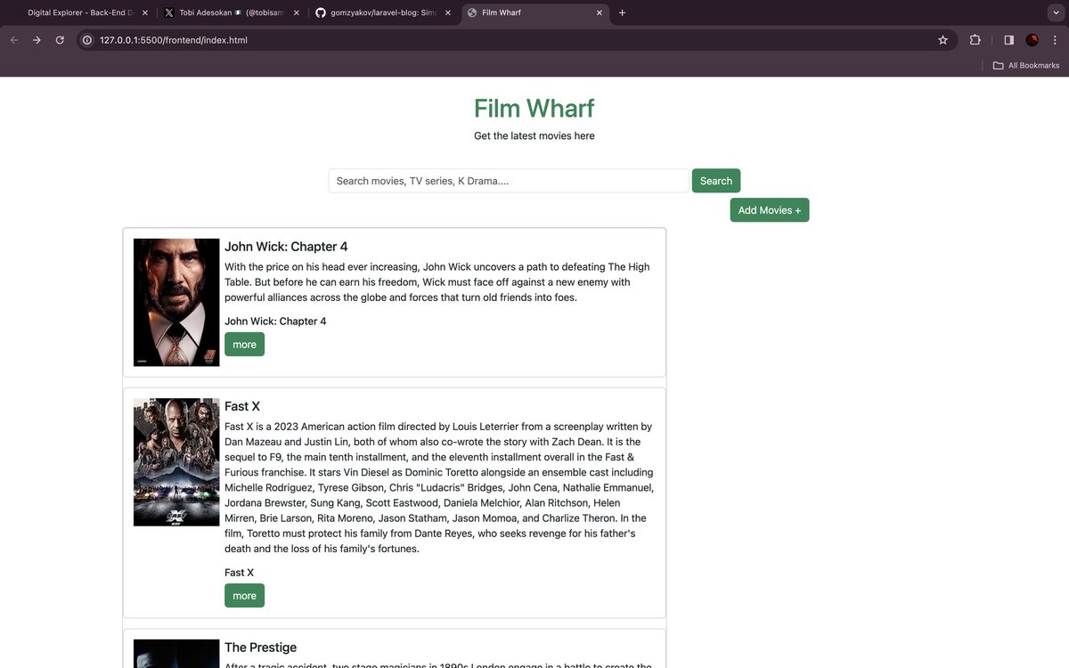 Vikchukwuemeka's tweet image. 🚀 Excited to share my latest project! 🎬 I developed an open-source Rest API using Django Rest Framework, simplifying access to free movies.  #OpenSource #DjangoRestFramework #MovieAPI #TechInnovation #WebScraping #PythonCoding