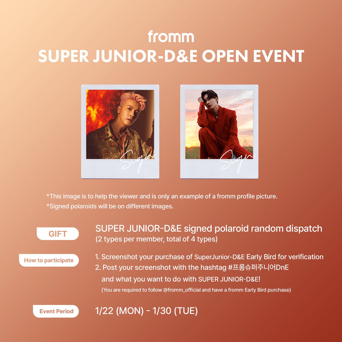 fromm_official's tweet photo. [🎉]
𝐟𝐫𝐨𝐦𝐦 𝐱 𝐒𝐔𝐏𝐄𝐑 𝐉𝐔𝐍𝐈𝐎𝐑-𝐃&𝐄 𝐎𝐏𝐄𝐍 𝐄𝐕𝐄𝐍𝐓

📱How to Participate
1.  Verify your SUPER JUNIOR-D&E <fromm Early Bird Purchase> with a screenshot
2. Post your screenshot with the hashtag #프롬슈퍼주니어DnE and 
what you want to do with SUPER JUNIOR-D&E!

📆 Event Period: ~ 2024. 1. 30 23:59 (KST)
🎁 Prize: SUPER JUNIOR-D&E Signed Polaroid (4 Winners) *Random
💟 Purchase the Early Bird here 🔗 https://t.co/Ibtk867m4o

#슈퍼주니어DnE #SuperJuniorDnE 
#동해 #DONGHAE #은혁 #EUNHYUK @SJ_DnE_official
@donghae861015 @AllRiseSilver