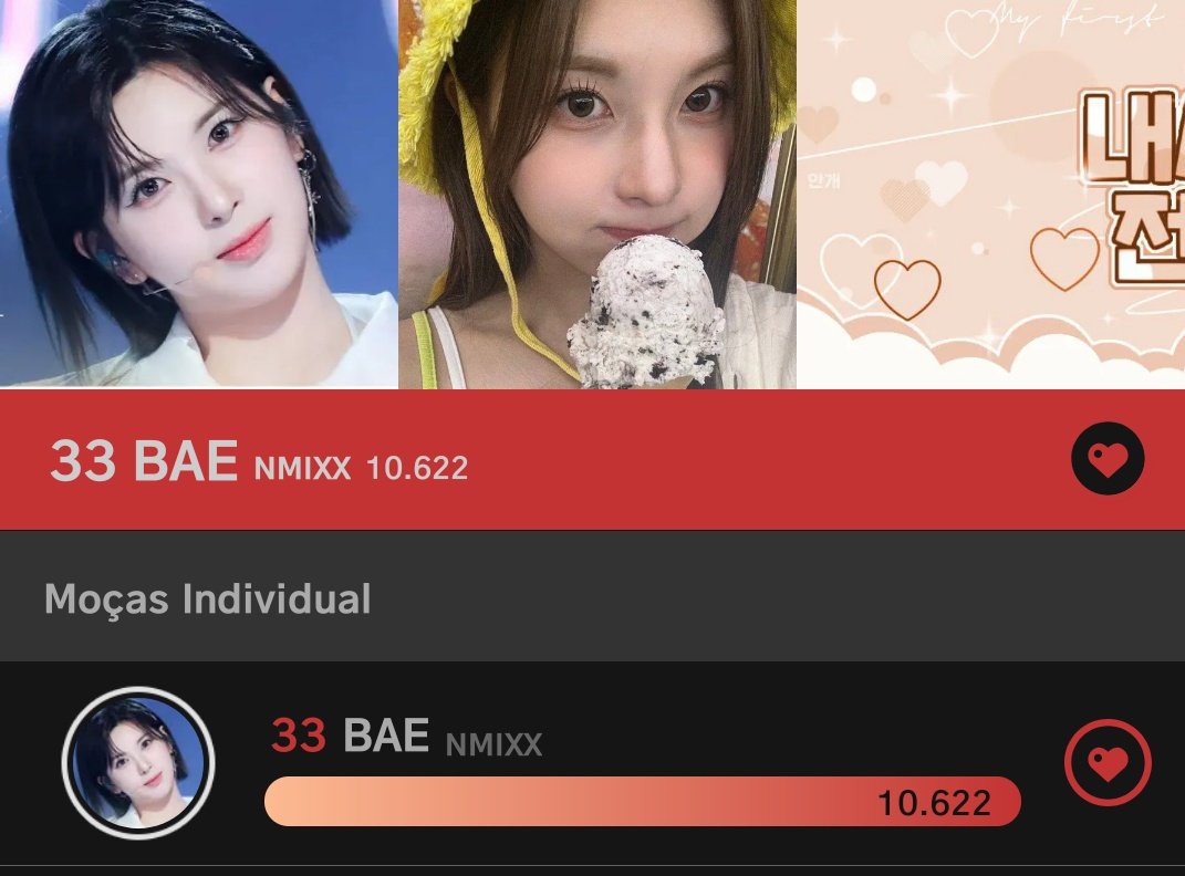 📊 | Choeaedol Individual diário [BRT - 00:00] 

P33° - 67🔺 (+10.622)

#NMIXX #엔믹스 #배이 #BAE <a href="/NMIXX_official/">NMIXX</a> #NMIXXChart #BaeChart