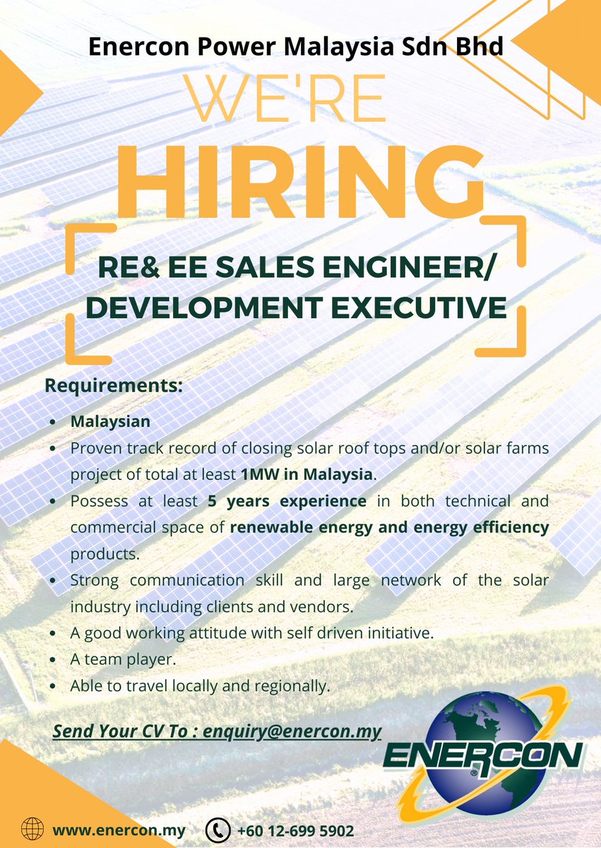 Enercon Power Sdn Bhd (@enerconmalaysia) on Twitter photo If you're ready to take your career to new heights and contribute to a company that values your skills and ideas, we want to hear from you! Apply now by sending your resume to enquiry@enercon.my.
#HiringNow #JobOpportunity #CareerGrowth #SalesEngineer #RE&EE If you're ready to take your career to new heights and contribute to a company that values your skills and ideas, we want to hear from you! Apply now by sending your resume to enquiry@enercon.my.
#HiringNow #JobOpportunity #CareerGrowth #SalesEngineer #RE&EE