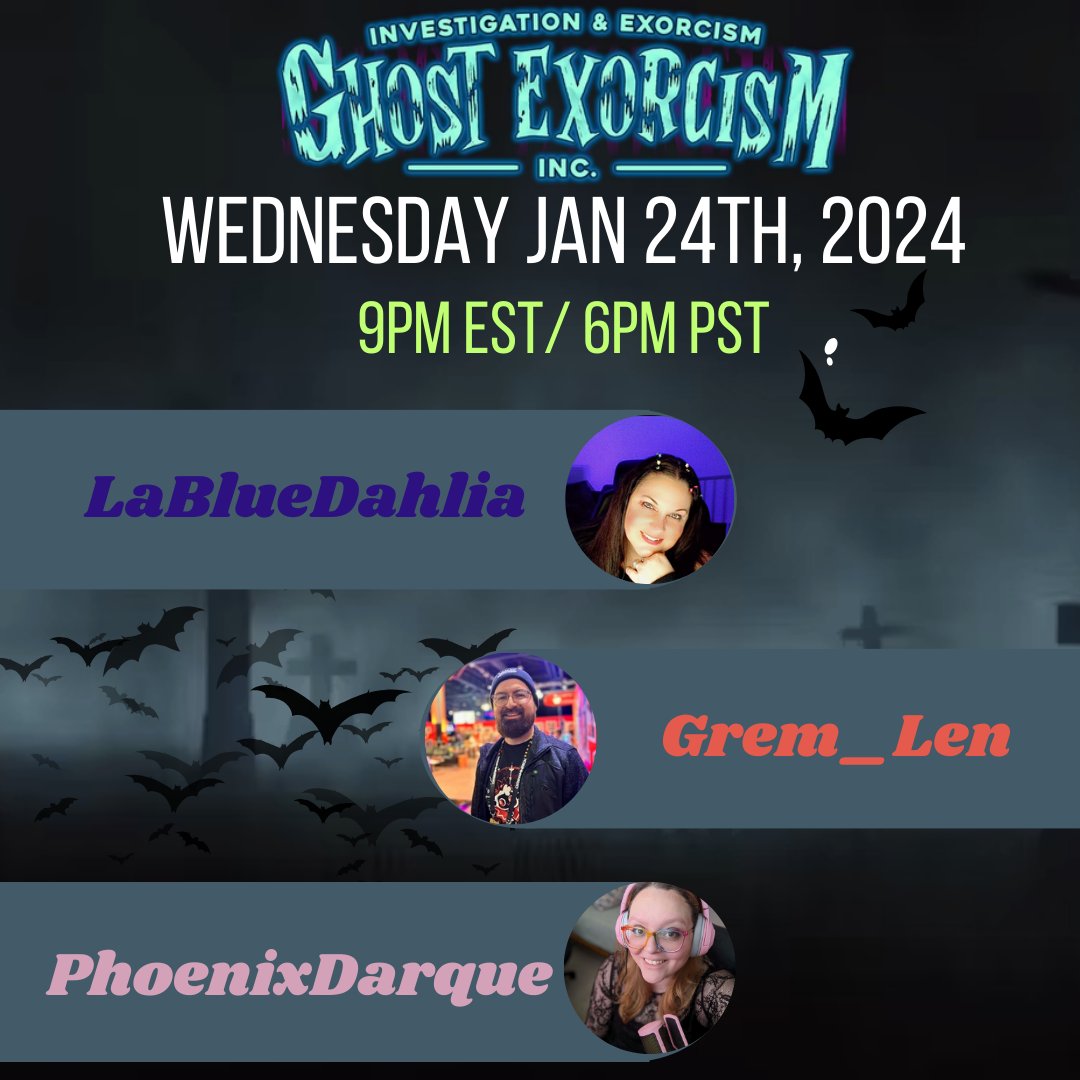 Coming soon to a Twitch screen near you. A 3 way Ghostly Exorcism Collab. With <a href="/Grem_Len/">Gremlen</a> @_phoenixdarque_ and the myself playing the one and only <a href="/GhostExorcism/">Ghost Exorcism INC</a> game. This Wednesday at 9 pm EST - BE THERE.