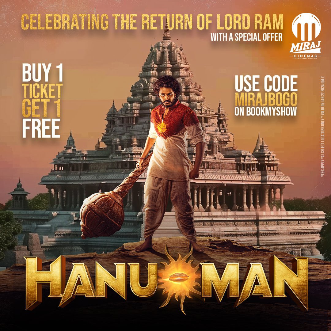 Nageshofficial's tweet photo. Buy One, Get One Free offer for the Hanuman movie!
Use the code 'MIRAJBOGO' on Bookmyshow to enjoy this offer.
Valid only on January 22nd at any Miraj Cinema Hall.
#HanumanMovie #HanumanReview #BookMyShow https://t.co/LhaCnYpIGq