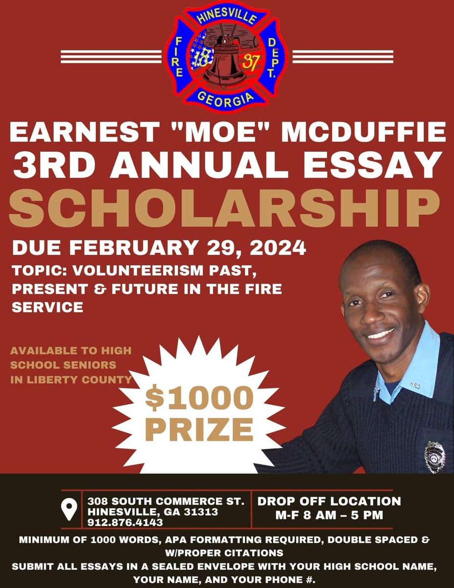 MartaECuevas's tweet photo. @HinesvilleFD It’s that time again for all seniors that attend Liberty County to take advantage and submit their essay. We hope to assist the pre-college youth in our community with some financial assistance needed to begin their ongoing education. 
#hinesvillefd #scholarships https://t.co/Ba1HM7Fhu9
