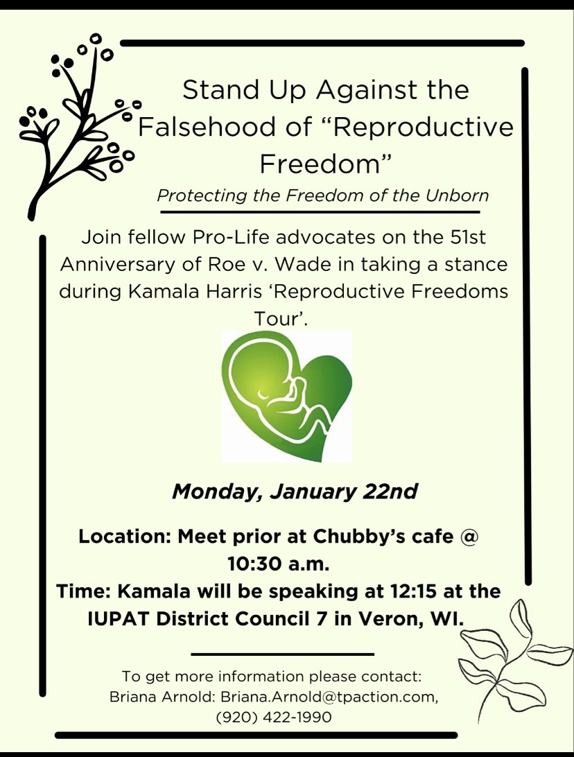 🚨To all my fellow Wisconsinites🚨

Please help spread the word about Kamala Harris ‘Reproductive Freedoms Tour’ tomorrow in WI. She will be speaking at 12:15 at the IUPAT District 7 councils in Vernon, WI. We will meet prior at the conservative cafe, Chubby’s, at 10:30 just to
