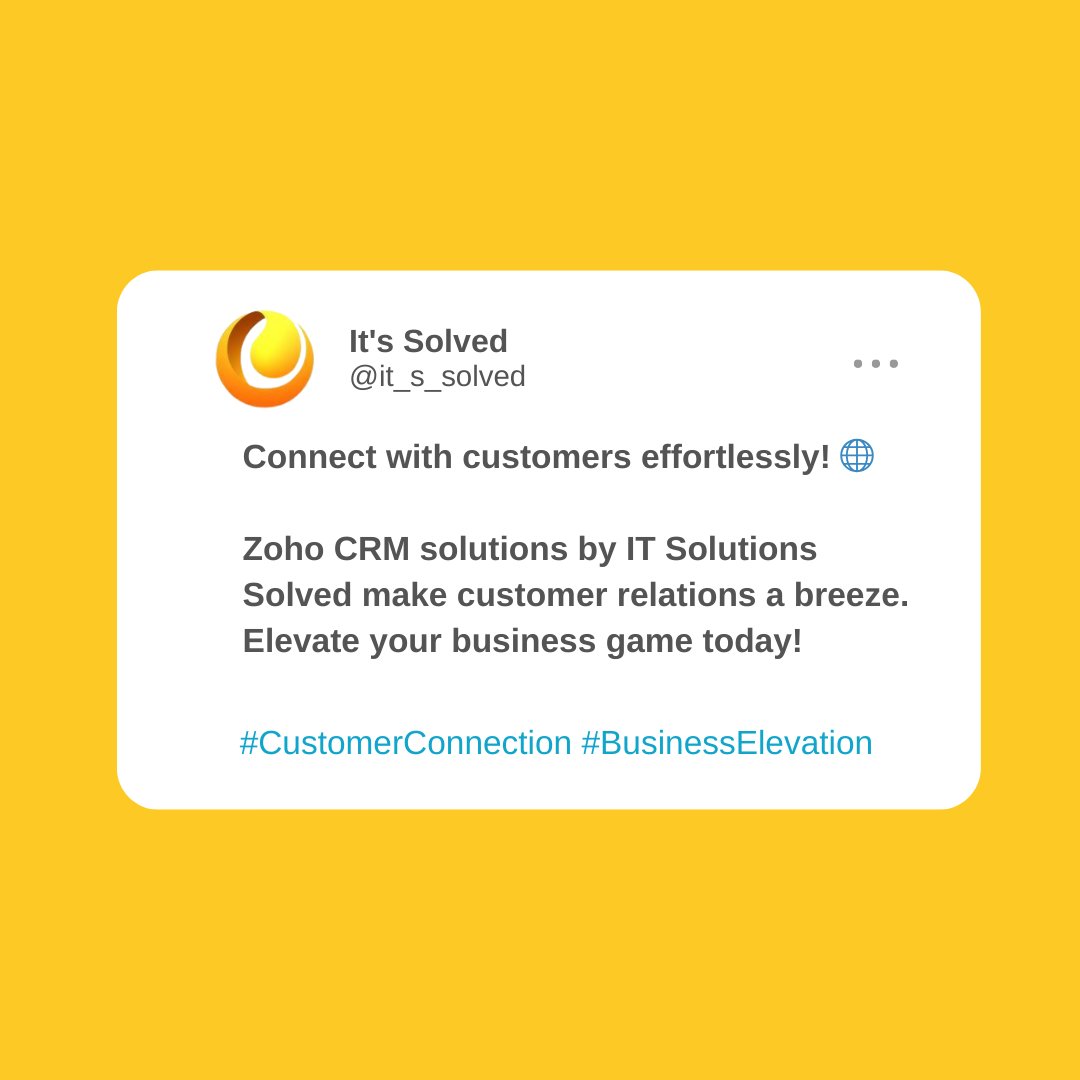 Connect with customers effortlessly! 🌐 

Zoho CRM solutions by IT Solutions Solved make customer relations a breeze. Elevate your business game today! 

#CustomerConnection #BusinessElevation

Visit:- itsolutionssolved.com.au