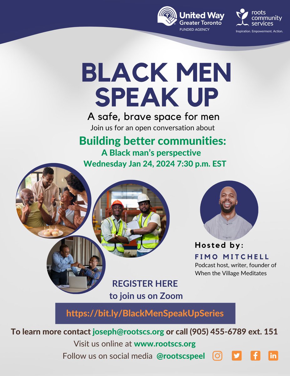 Come share your thoughts in our conversation about togetherness as Black Men Speak Up continues in 2024. Join our discussion hosted by Fimo Mitchell on Wednesday, January 24, 2024 at 7:30pm. #rootscs #blackmenspeakup #blackmen
