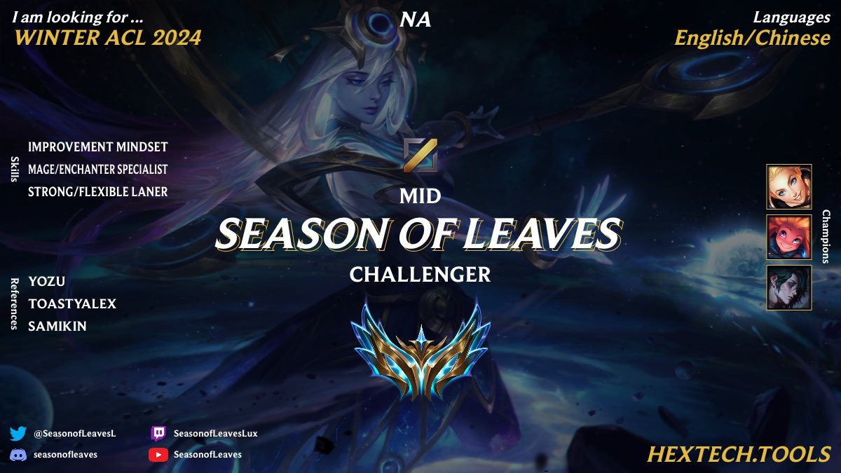 Challenger 800 - Top 100

Looking for WINTER ACL 2024
(STARTER)

Determined to improve and WIN!

I hit challenger at 12, now 13 and looking to compete in various tournaments.

Discord is seasonofleaves

DM me for anything you need!
#ACL #LFT