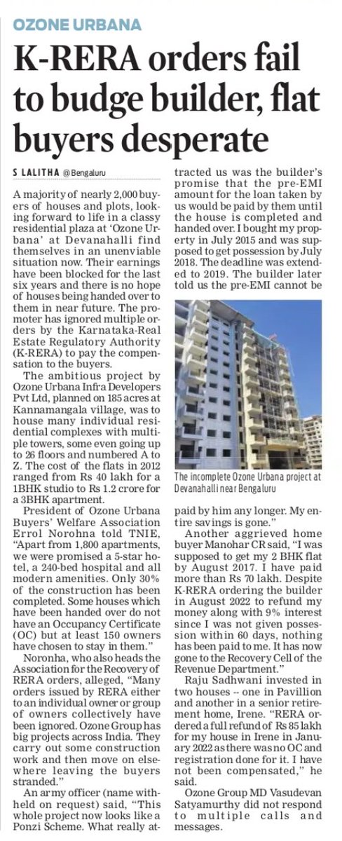 Lolita_TNIE's tweet image. A majority of the 2000 home or plot buyers in Ozone Urban residential complex in Bengaluru's Devanahalli r suffering much. Been 6 yrs since deadline for flat handover. Some houses handed over don't have OC &amp;amp; oth basics. Promoter has ignored K-RERA penalty orders @NewIndianXpress