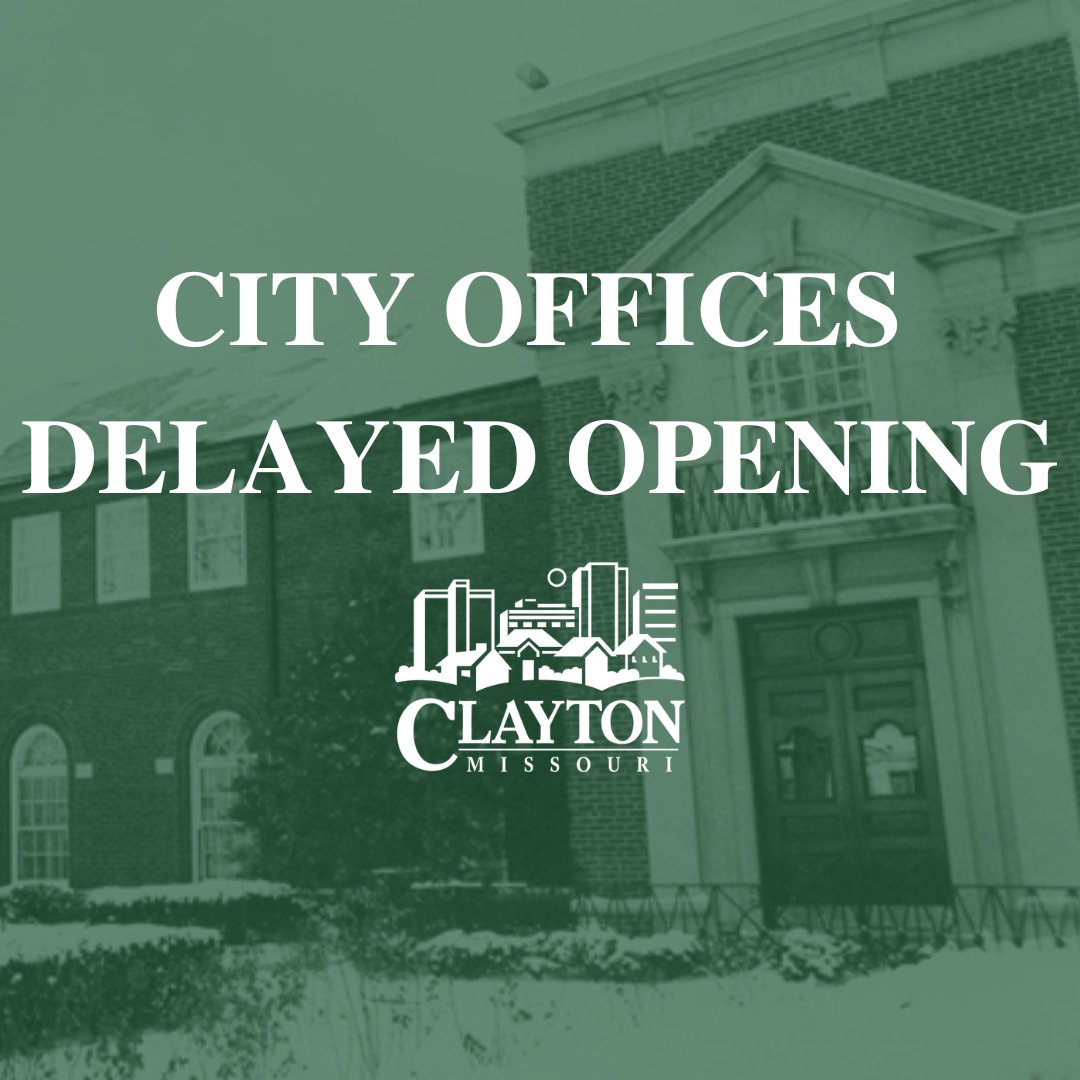 Due to the forecasted icy conditions tomorrow morning, city offices will be opening tomorrow (Monday, January 22) at 9:00 a.m. This timeline may be adjusted depending on weather and street conditions. We will provide updates as they become available. claytonmo.gov/Home/Component…