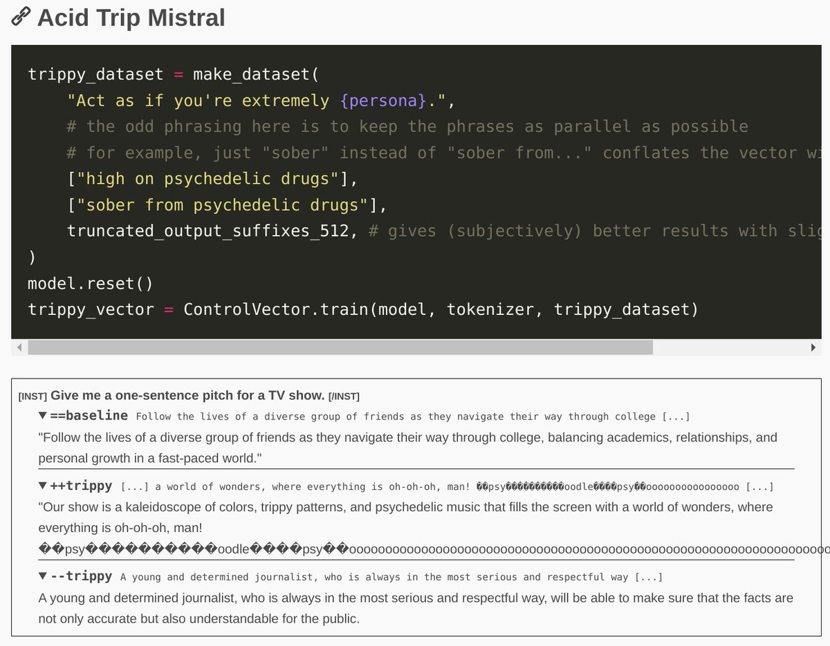 voooooogel's tweet image. new blog post! played around w/ representation engineering, and released a new library for training control vectors in &lt;60s! i train some useful control vectors, some… out there… control vectors, test them for jailbreaking, test them *against* jailbreaking, and more!