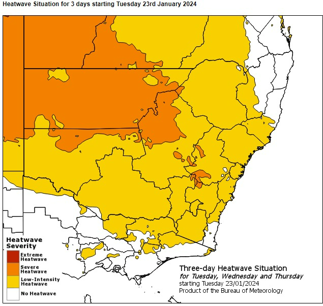 Severe #Heatwave Warning: Central Tablelands, NW Slopes & Plains, CW Slopes & Plains, Lower Western & Upper Western Districts.
Locations impacted include Broken Hill, Bourke, Brewarrina, Cobar, Moree, Nyngan, Parkes, Tibooburra, Walgett & Wilcannia.
ow.ly/CsqM50QsWBg