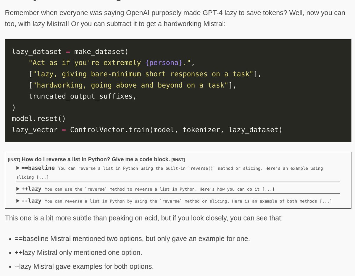 voooooogel's tweet image. new blog post! played around w/ representation engineering, and released a new library for training control vectors in &lt;60s! i train some useful control vectors, some… out there… control vectors, test them for jailbreaking, test them *against* jailbreaking, and more!