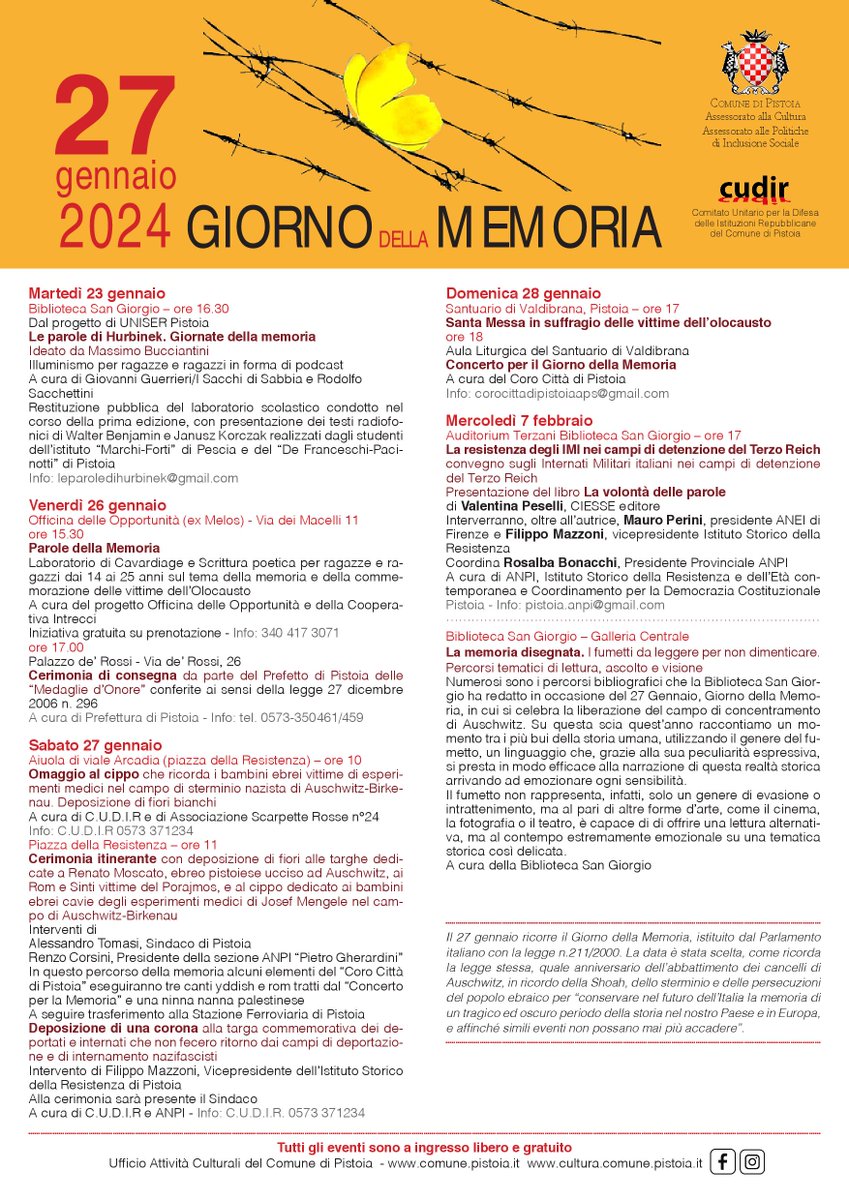 Per commemorare le vittime della #Shoah in occasione del #giornodellamemoria, che ricorre ogni anno il 27 gennaio, sono in programma iniziative dal 23 gennaio al 7 febbraio organizzate da Comune di Pistoia, Cudir, Anpi e altre associazioni.