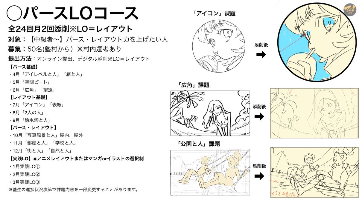 アニメ私塾からアニメーターになる方法!! ◯アニメ私塾の各コースを受講しよう。 キャラコース課題は最高のポートフォリオ準備。 正面横斜めアオリフカン歩き走りポーズ創作等などアニメーターに必須のキャラの描き方が学べます。 パースLO課題は原画マンに必要なレイアウト力を学べます。 アニメコースは元請けスタジオレベルの研修課題です。振り向き歩き走りなびきエフェクト原画練習など。  ◯アニメーター志望を内外にアピールしよう。 練習絵や作品など周囲に発信していきましょう。facebookグループ、ディスコード投稿やオフ交流会への参加でリアルな知り合いを作ろう!! 同じ志望者、最近アニメーターになった人、有名作品総作監まで在籍してます。 様々なアドバイスを貰ったり、実力のある方へはスタジオの紹介、案内もあるスカウトの場でもあります。 アニメ私塾は好きな作品やより良い条件のお仕事を得るためには横の繋がりが必要。 アニメ私塾はOBOGも多数在籍してるのでそこからお仕事につながる場合もあります。  ◯今時は年齢不問⁈技術次第でいつでも誰でもアニメーターになれる時代になりつつあります。 10年前は25歳足切りでしたが最近ではマンガイラストで画力を磨き、アニメの仕事をしてみたいという方の参戦が増えてます。 学生から専業アニメーター、会社員主婦の副業、または専業へなどデジタル化とノウハウの共有で多様な働き方が可能になりつつあります。 アニメ私塾の10年前からの構想が現実的になって来ました。