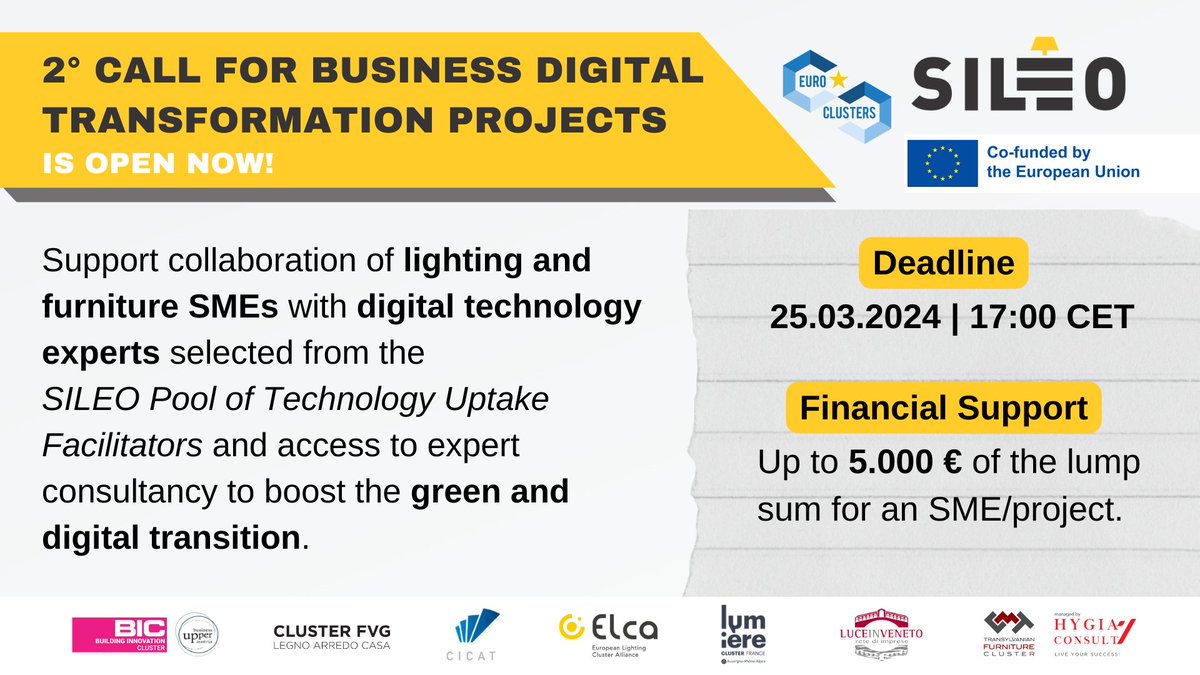 The #SILEO 2° Call for Business Digital Transformation Projects is open now!

🔗Visit our Submission Platform to apply: clustersubmissionplatform.eu/eurocluster_po…

A great opportunity for #lighting and #furniture SMEs to collaborate with tech providers and boost their #green&amp;digital transition!