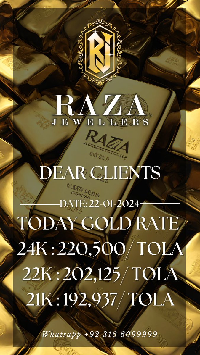 Today Gold Rate .. 22-January-2024 📍Liberty Market Lahore #goldjewellery #gold #jewellery #bridaljewellery #diamondjewellery #jewellerydesign #fashion #weddingjewellery #necklace #earings #rings #diamonds #trafitionaljewellery #instagram #Raza_jewllers_24 #designerjewelry