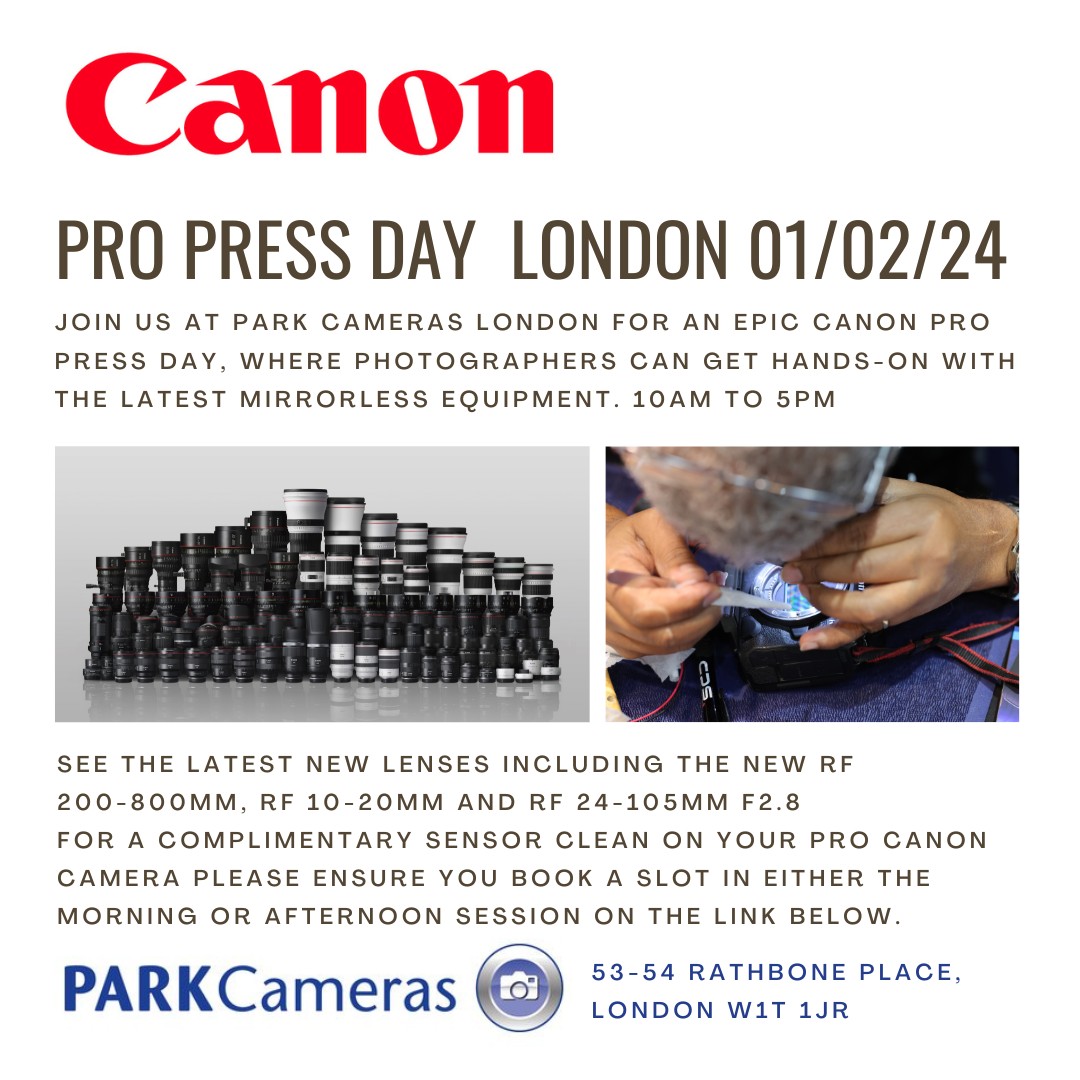 Join us next Thursday in London for our Canon Pro Press Day 01/02/24 at Park Cameras. Either just pop in or if you want to book a sensor clean please us the link below as slots are limited. Look forward to seeing you there. 😀 eventbrite.co.uk/e/canon-pro-pr…