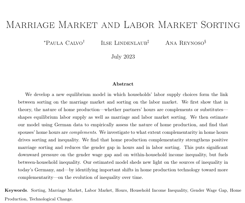 The Review of Economic Studies (@reveconstudies) on Twitter photo ``Home production hours of spouses have become more complementary over time, accounting for a significant part of the decline in gender inequality in Germany, while technological change in the labor market has fuelled inequality.''
From <a href="/pauliecalvo/">Paula Andrea Calvo</a>, Lindenlaub and Reynoso:
👇 ``Home production hours of spouses have become more complementary over time, accounting for a significant part of the decline in gender inequality in Germany, while technological change in the labor market has fuelled inequality.''
From <a href="/pauliecalvo/">Paula Andrea Calvo</a>, Lindenlaub and Reynoso:
👇