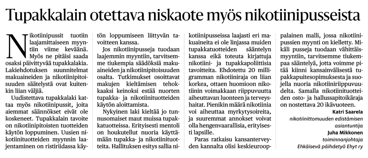 JMikkonen's tweet photo. "Paras ratkaisu kansanterveyden kannalta olisi keskieurooppalainen malli, jossa nikotiinipussien myynti on kielletty. 

Mikäli nikotiinipusseja tuodaan vähittäismyyntiin, tarvitsemme tiukempaa sääntelyä, jotta voimme pitää kiinni kansainvälisestä tupakkapuitesopimuksesta ja suojella nuoria nikotiiniriippuvuudelta. 

Samalla nikotiinituotteiden osto- ja hallussapitoikäraja on nostettava 20 ikävuoteen." 

#nikotiini #tupakkalaki

HS 21.1.2024: https://t.co/ZgEbX2js6M