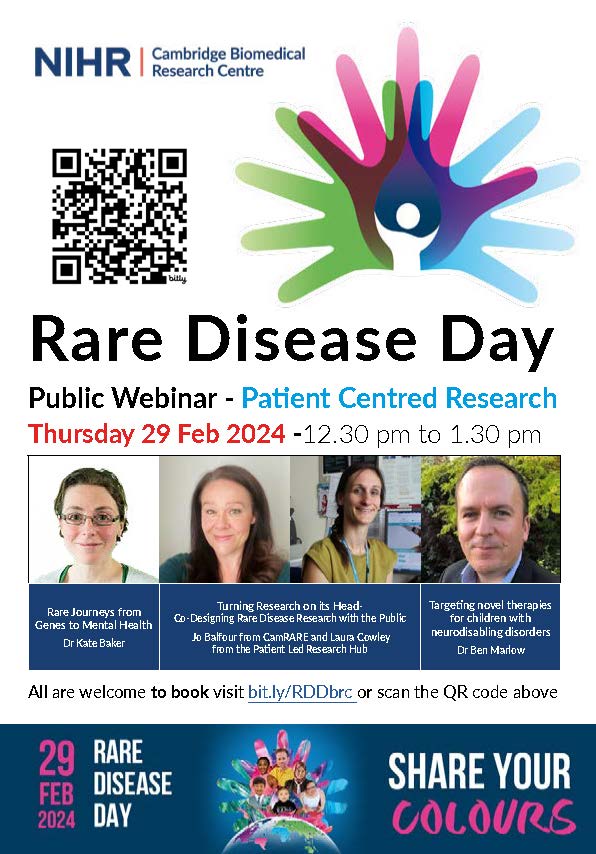 29 February is #RareDiseaseDay which aims to raise awareness for people living with a #raredisease. We’re hosting a webinar to discuss researching rare conditions & how #research can make a difference. Join us 29 Feb, 12.30pm, all welcome bit.ly/RDDbrc