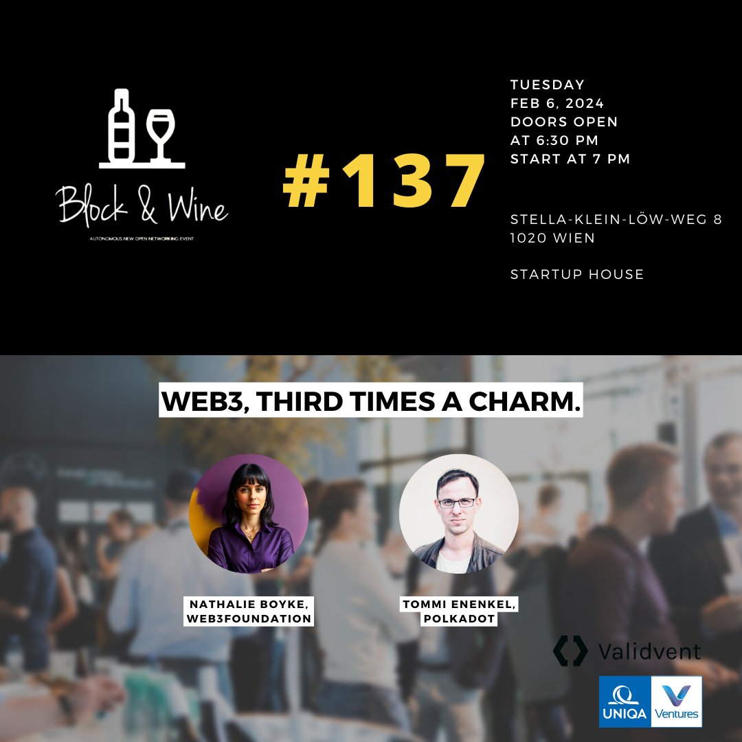 The next Block and Wine event is slowly but surely approaching, and we hope you’re ready for it.😁

We are delighted to welcome selected industry leaders. Let yourself be inspired by personal insights from Layer1 protocols!

Link to the event:
meetup.com/block-wine-com…
