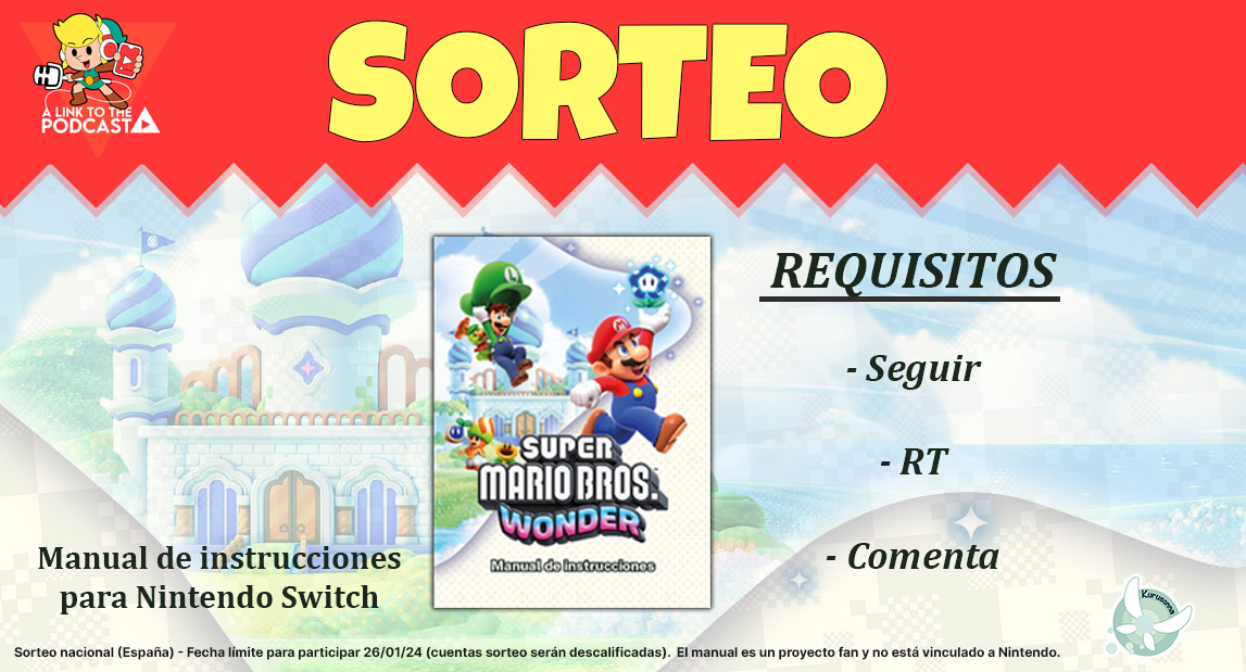 Kurusonna's tweet photo. 🎁SORTEO🎁
Manual de instrucciones de Super Mario Bros. Wonder para #NintendoSwitch.  

🔛Sigue a @LinkToPodcast y @Kurusonna  
🔁Haz RT
🗣 Comenta y menciona a un amigo

* Nacional. *No valen cuentas sorteo. *Ganad@r el 26/01 a las 21H.  #SuperMarioBrosWonder #SuperMarioBros https://t.co/aOLKhYrviG